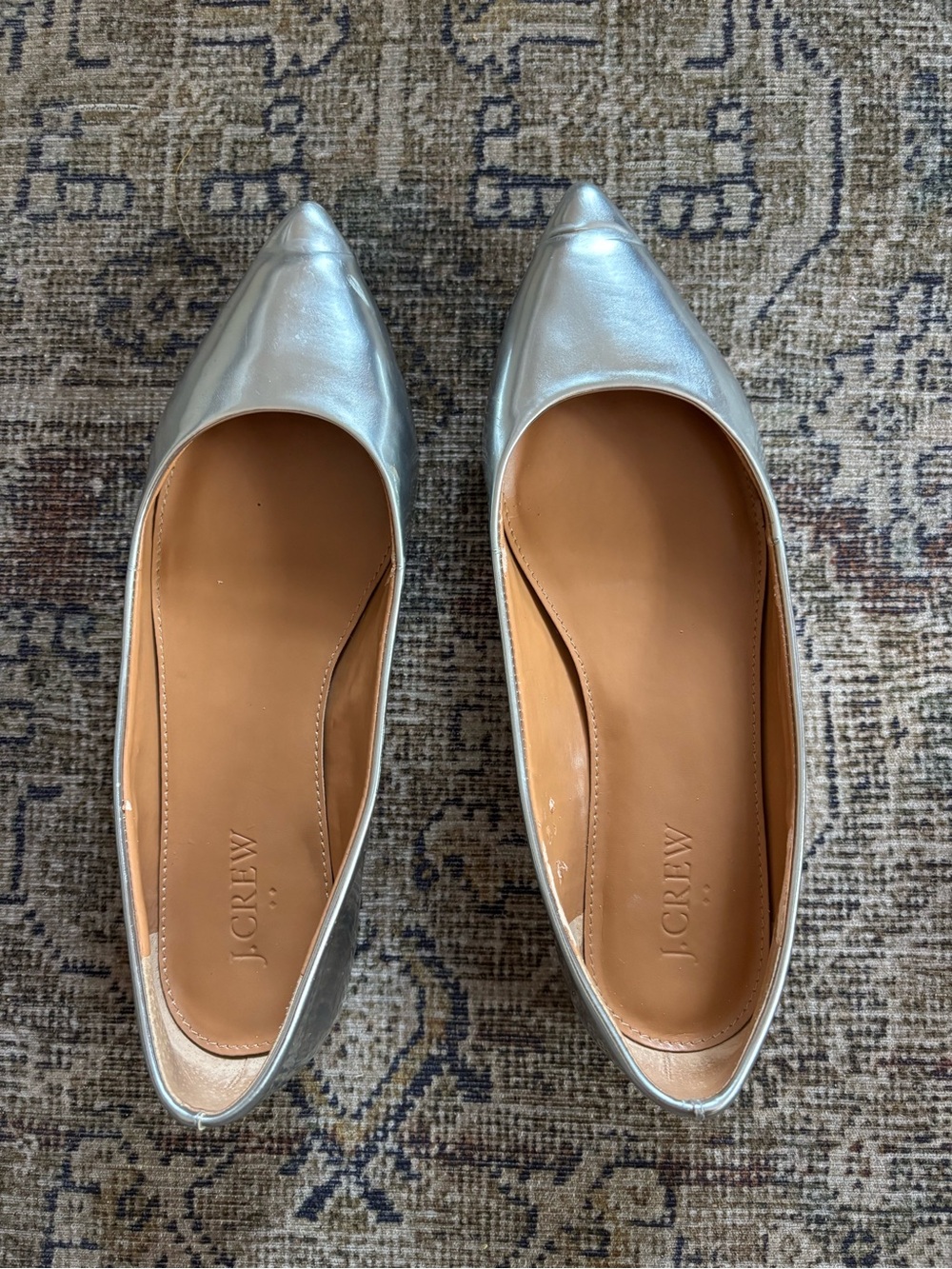 J. Crew Silver Pointed Toe Flats - Metallic Leather Women's Shoes, 6.5